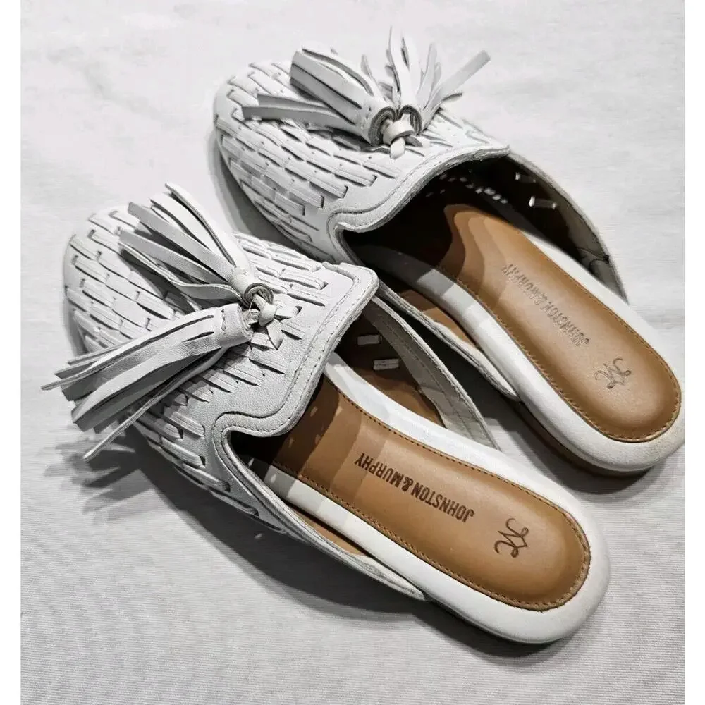 Johnston & Murphy Belle Womens Shoe 7 M White Woven Leather Mule Tassel